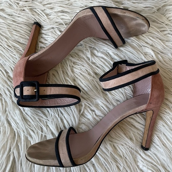 Gucci Suede Colorblock Dusty Rose Beige Ankle Strap Open Toe Heeled Sandals 38.5 - Picture 2 of 10